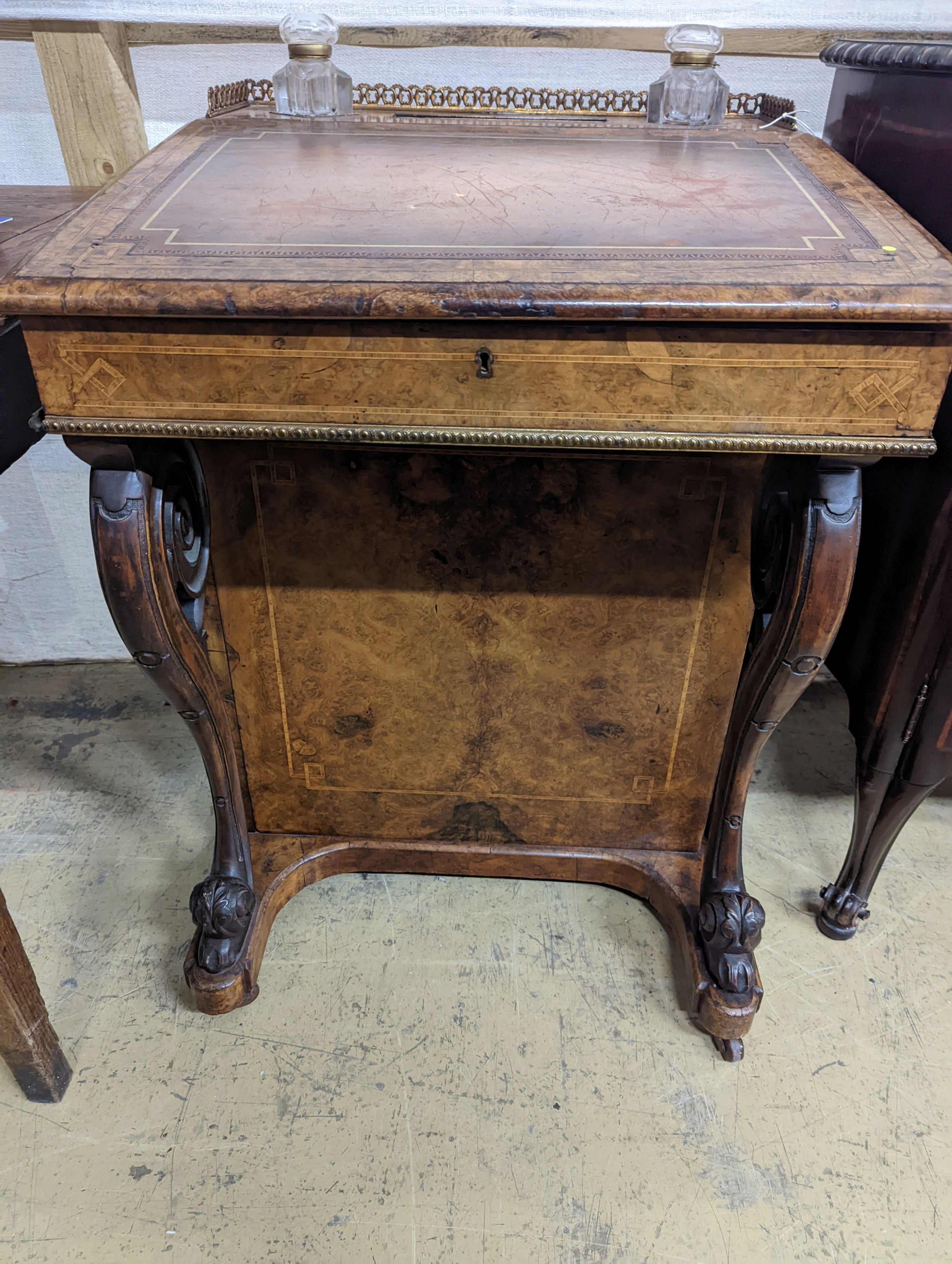 A Victorian tulip banded burr walnut Davenport, width 61cm, depth 61cm, height 84cm